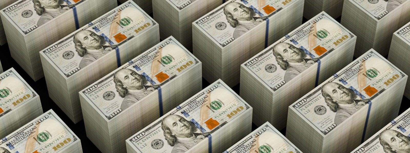Stacks of hundred dollar bills are shown.